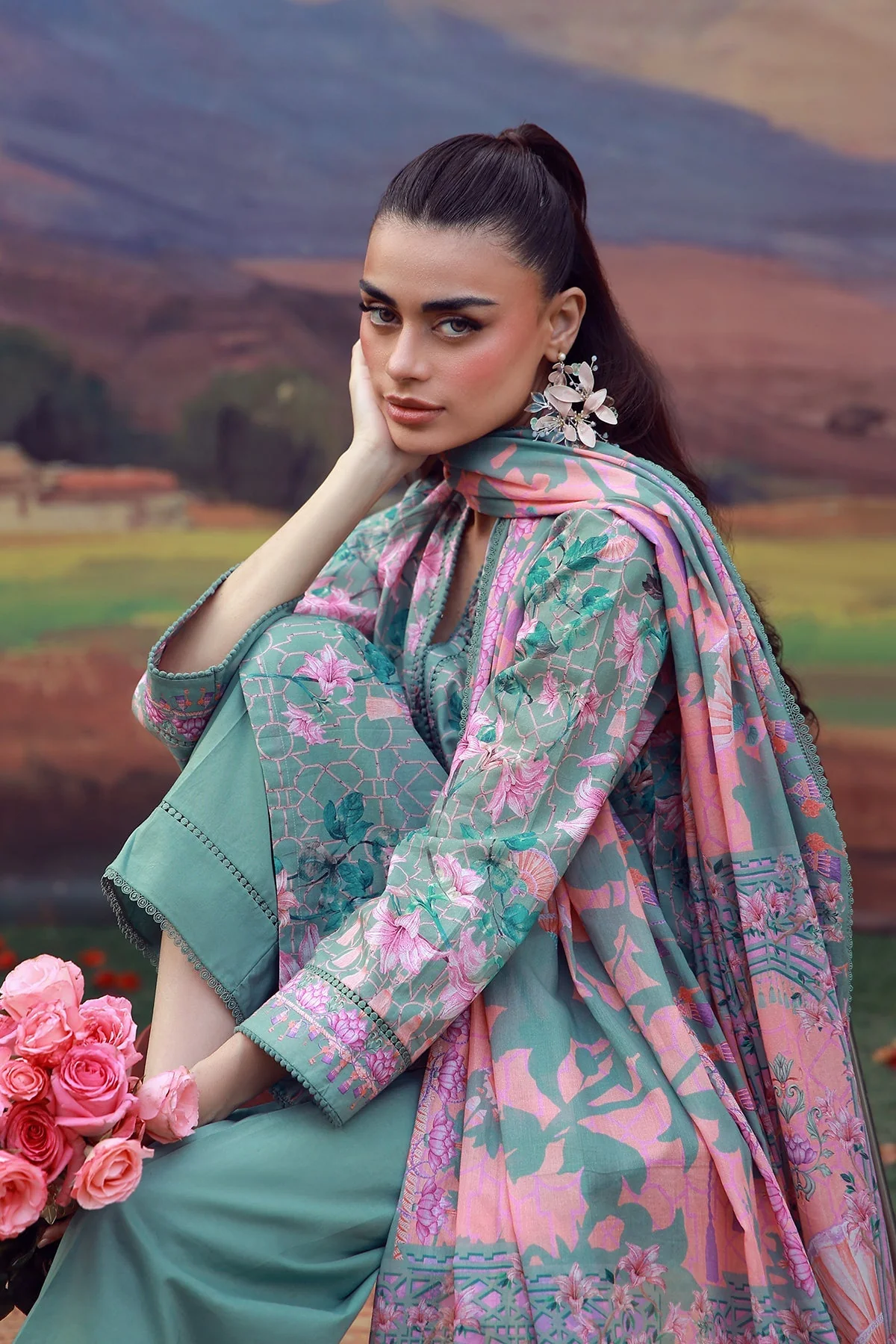 Sahar Mirha Lawn – Olive Blush Reverie - Image 8