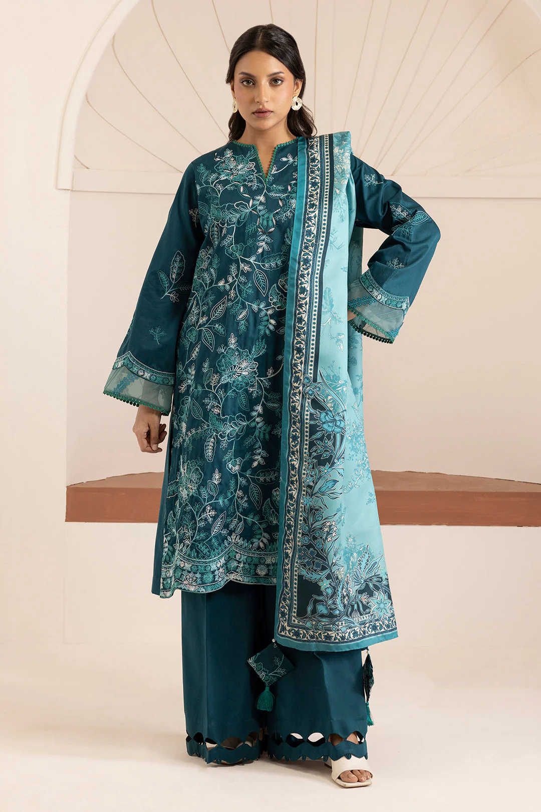 Zellbury Cotton Satin โ Embroidered Shirt Shalwar Shawl - 0260