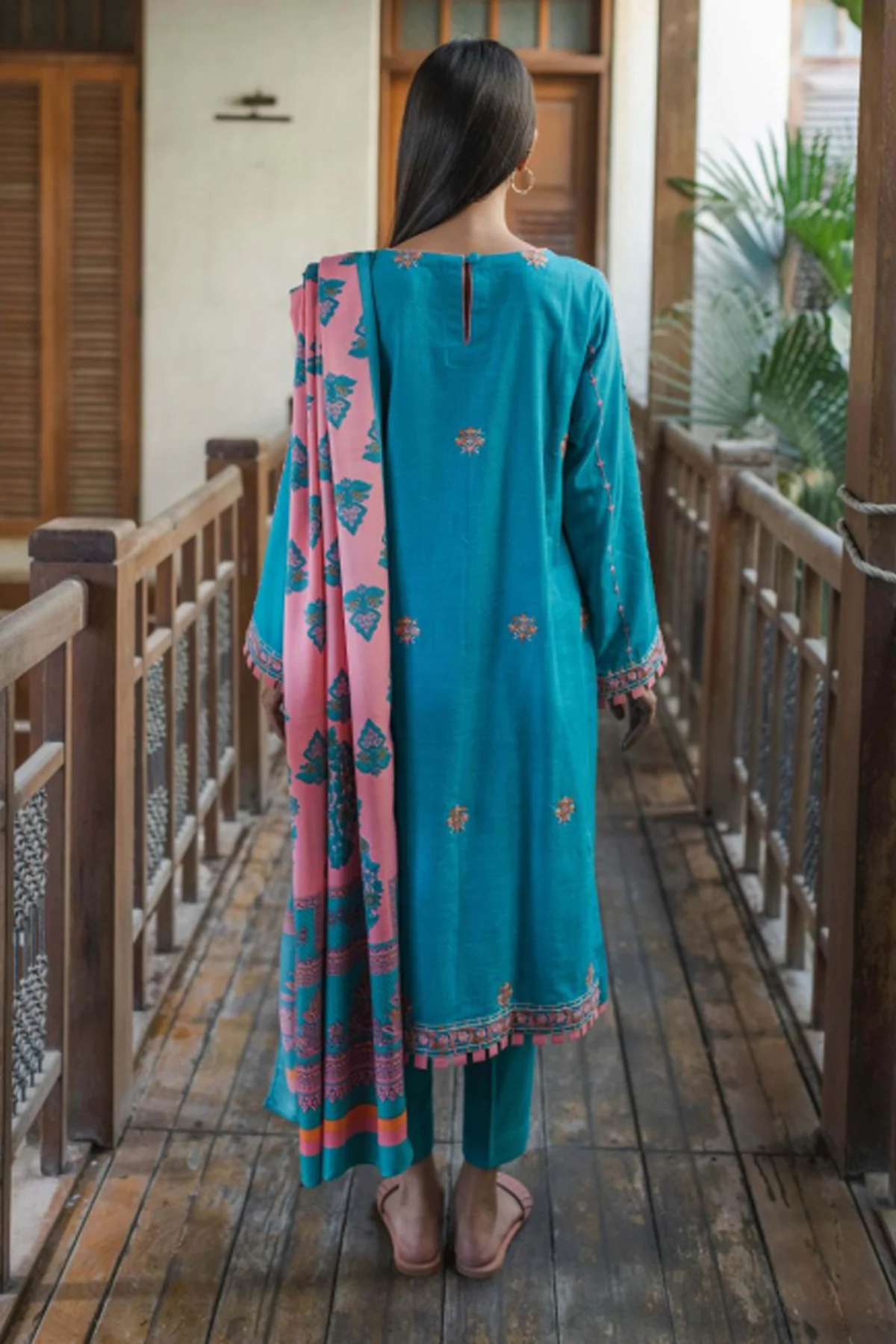 Zellbury Embroidered Shirt Shalwar Dupatta - Aqua Blue - Khaddar Suit - 0059 - Image 2