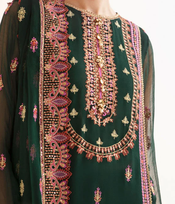 Zellbury Luxury Collection – Embroidered Shirt Shalwar Dupatta - Green - Chiffon Suit-0294 WULC23E30294 - Image 3