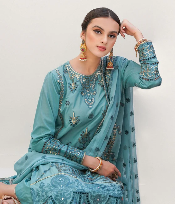 Zellbury Luxury Collection – Embroidered Shirt Shalwar Dupatta - Green - Lawn Suit WULC22E30366 - Image 2