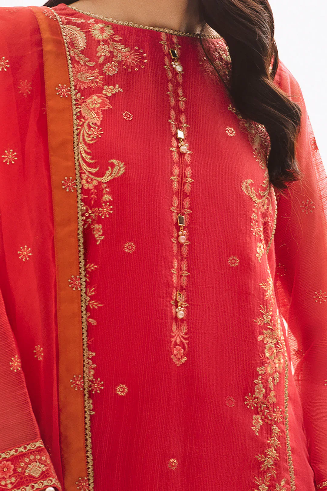 Zellbury Luxury Collection – Embroidered Shirt Shalwar Dupatta - Red - Organza Suit-0303 WULC23E30303 - Image 7